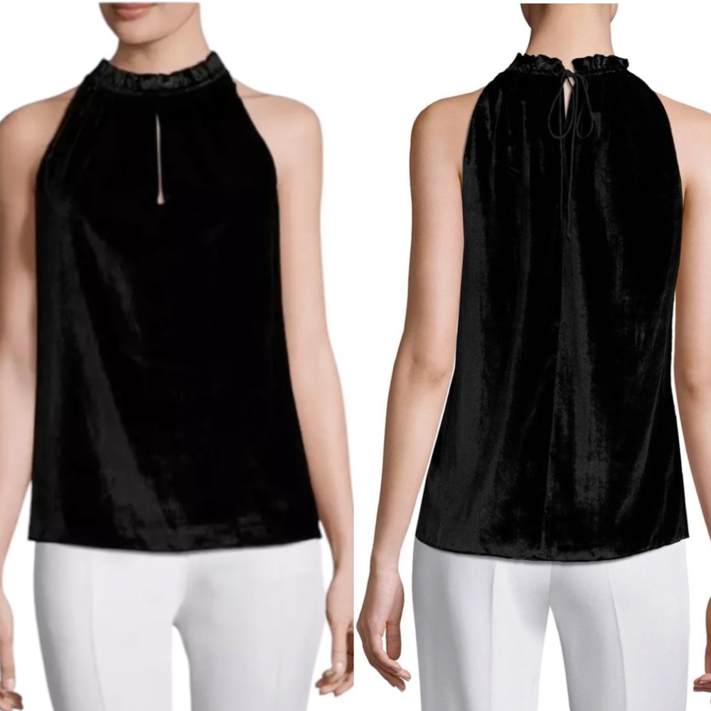 Ramy Brook Miranda Black Velvet Ruffle Tie Neck Cutout Sleeveless Top - XS